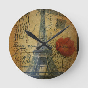 Paris Eiffelturm shabby chic Mohnblume Runde Wanduhr