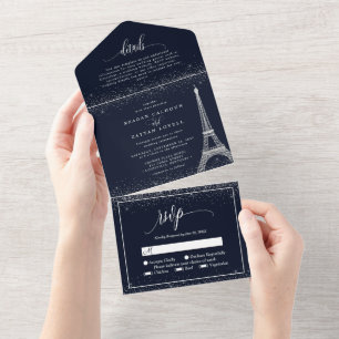 Paris Eiffelturm Silber Glitter Funkelnde Hochzeit All In One Einladung
