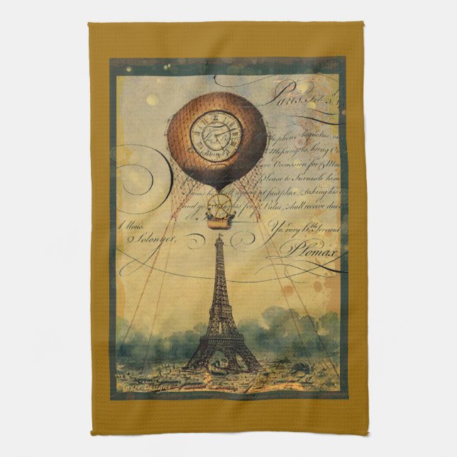 Paris Eiffelturm Steampunk Heißluftballon Küchentuch (Vertikal)