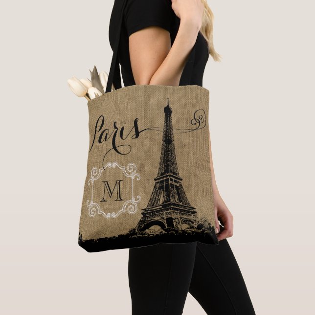 Paris-Eiffelturm-TAN-Leinwand-Monogramm Tasche (Von Nahem)