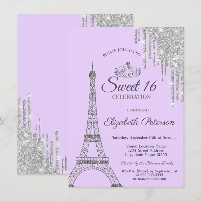 Paris Eiffelturm, Tropfen, Lila Licht 16 Einladung (Vorne/Hinten)