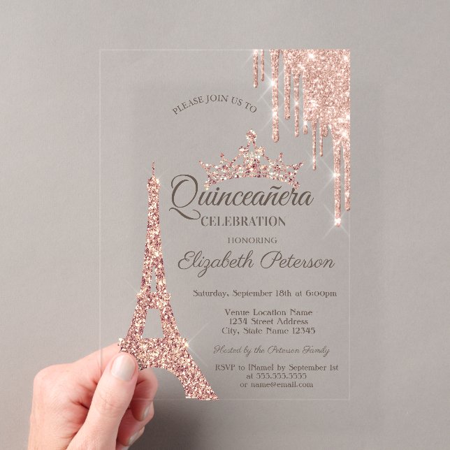 Paris Eiffelturm, Tropfen Rose Gold Quinceañera Acryleinladungen (Insitu (Handheld))