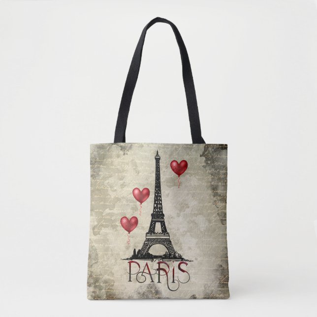 Paris, Eiffelturm und Red Heart Balloons Script Tasche (Vorderseite)