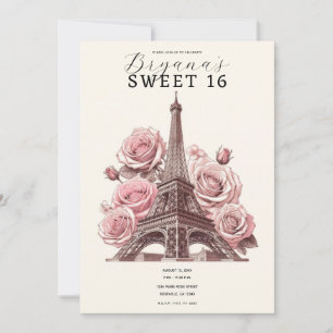 Paris Eiffelturm und rosa Rosen Sweet 16 Einladung