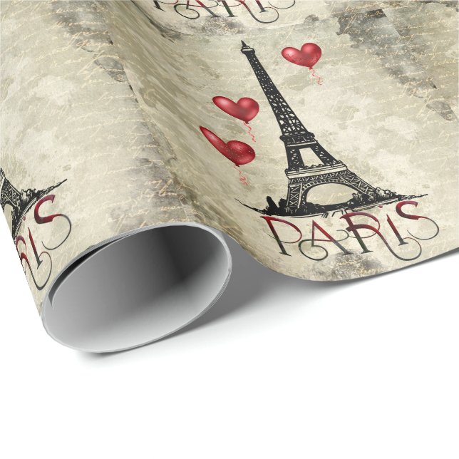 Paris, Eiffelturm und Rote Balloons Geschenkpapier (Rolleneckpunkt)