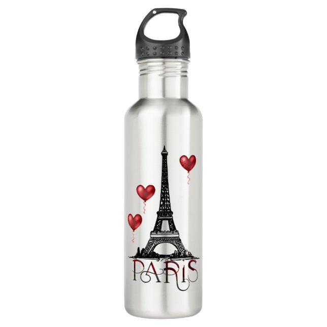 Paris, Eiffelturm und Rotes Herz Edelstahlflasche (Vorderseite)