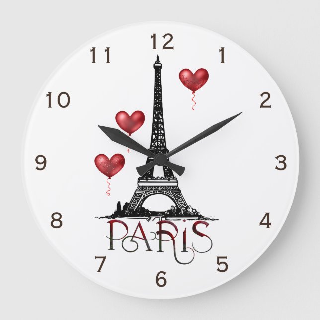 Paris, Eiffelturm und Rotes Herz Große Wanduhr (Vorderseite)