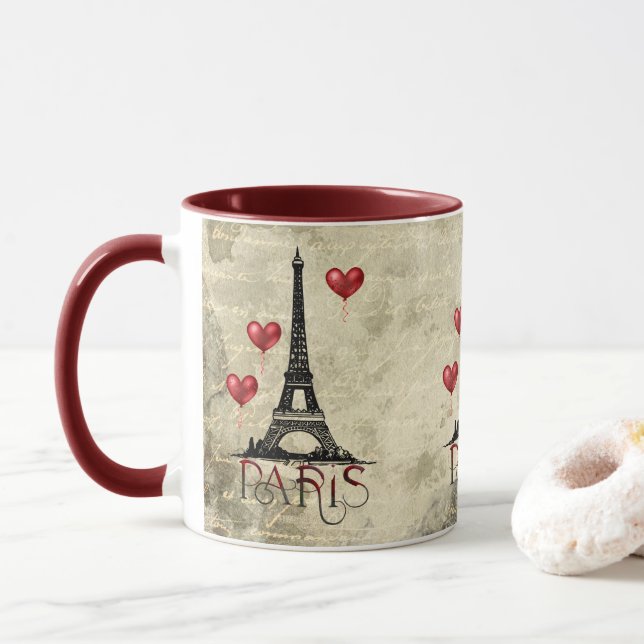 Paris, Eiffelturm und Rotes Herz Tasse (Mit Donut)