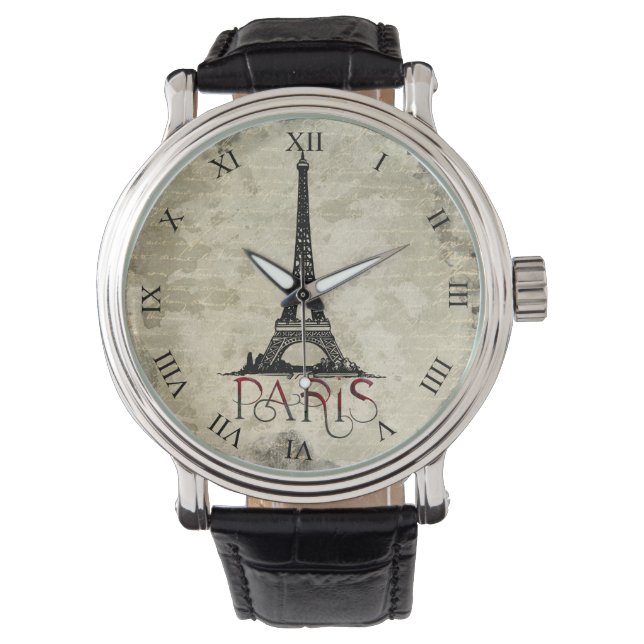 Paris, Eiffelturm, Vintages Script Armbanduhr (Vorderseite)