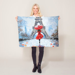 Paris Eiffelturm Winterromantik roter Schirm Fleecedecke
