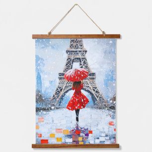 Paris Eiffelturm Winterromantik roter Schirm Wandteppich Mit Holzrahmen