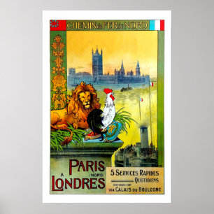 Paris ein Londres, Chemin de Fer DU Nord, Reise Poster