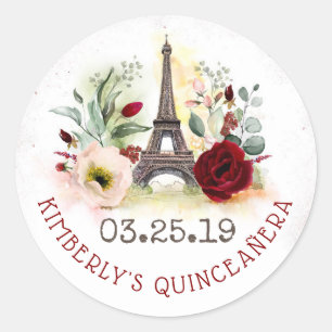 Paris erröten und Burgunder BlumenQuinceanera Runder Aufkleber