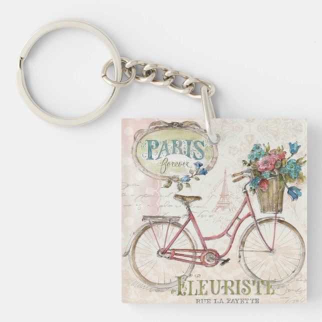 Paris-Fahrrad mit Blumen in der Front Schlüsselanhänger (Vorderseite)