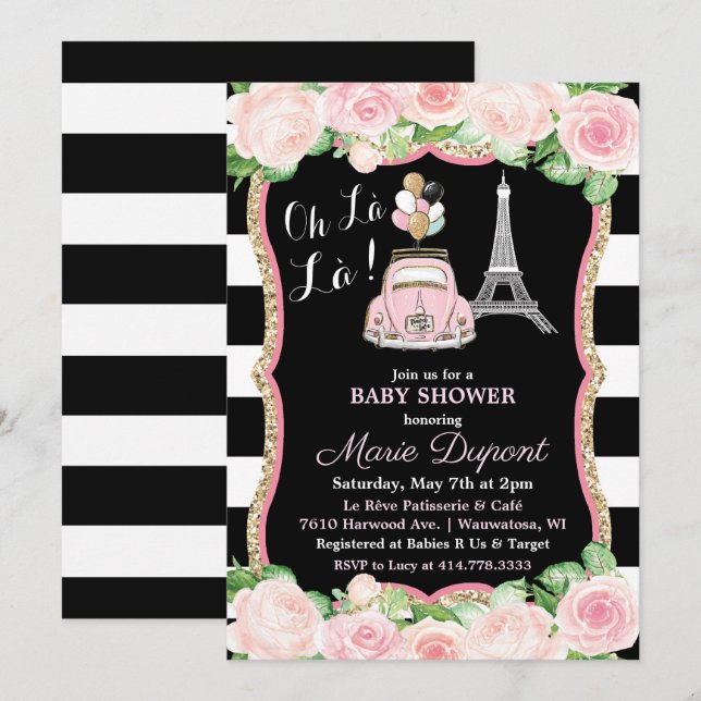 Paris Floral Travel Thème Baby shower Invitation (Devant / Derrière)