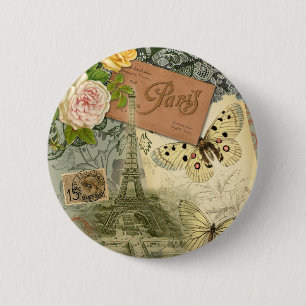 Paris France Antique Artwork Collage Eiffel Franzö Button
