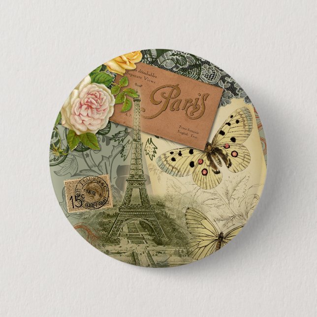 Paris France Antique Artwork Collage Eiffel Franzö Button (Vorderseite)