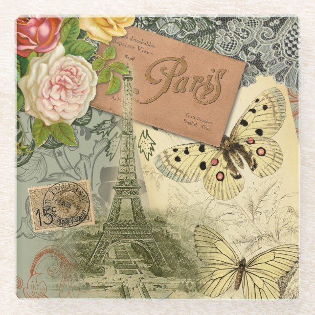 Paris France Antique Artwork Collage Eiffel Franzö Glasuntersetzer (Vorderseite)