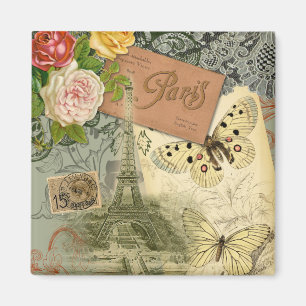 Paris France Antique Artwork Collage Eiffel Franzö Magnet