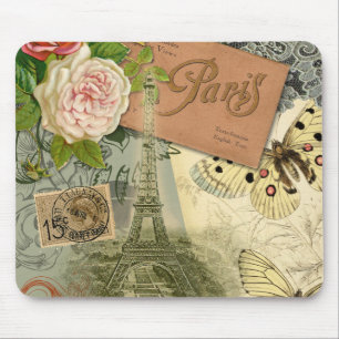 Paris France Antique Artwork Collage Eiffel Franzö Mousepad