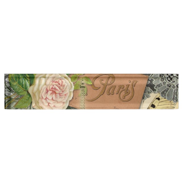 Paris France Antique Artwork Collage Eiffel Franzö Namensplakette (Vorderseite)