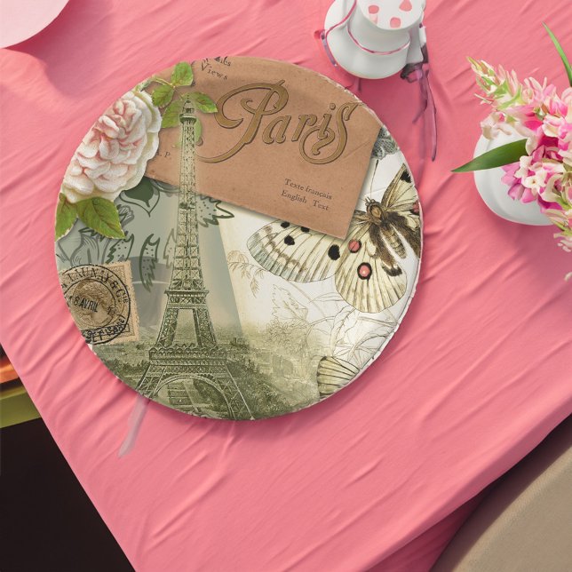 Paris France Antique Artwork Collage Eiffel Franzö Pappteller (An example of this plate on a tabletop.)