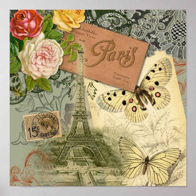 Paris France Antique Artwork Collage Eiffel Franzö Poster (Vorne)