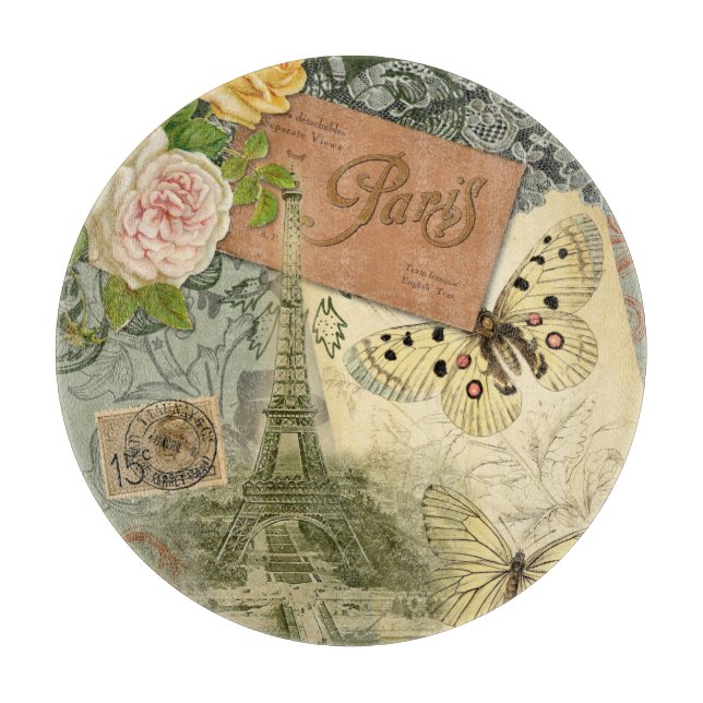 Paris France Antique Artwork Collage Eiffel Franzö Schneidebrett (Vorderseite)