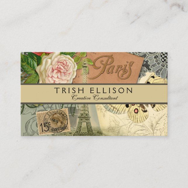 Paris France Antique Artwork Collage Eiffel Franzö Visitenkarte (Vorderseite)