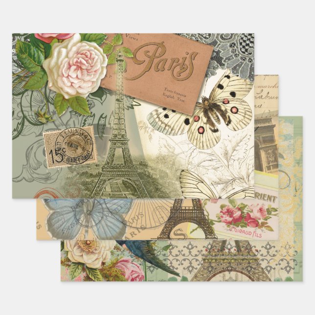 Paris France Antique Artwork Collage Eiffel French Geschenkpapier Set (Set)