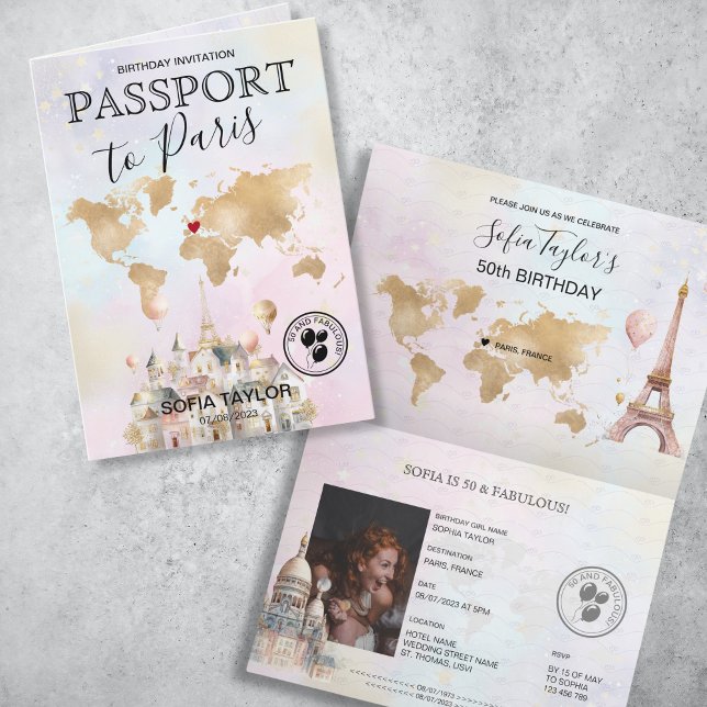Paris France Carte des passeports d'anniversaire (paris birthday passport invitation with pastel watercolor illustrations and gold world map)