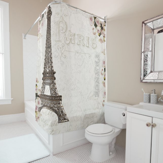 Paris France Eiffel Tower Pink Roses Glamour Duschvorhang (Beispiel)