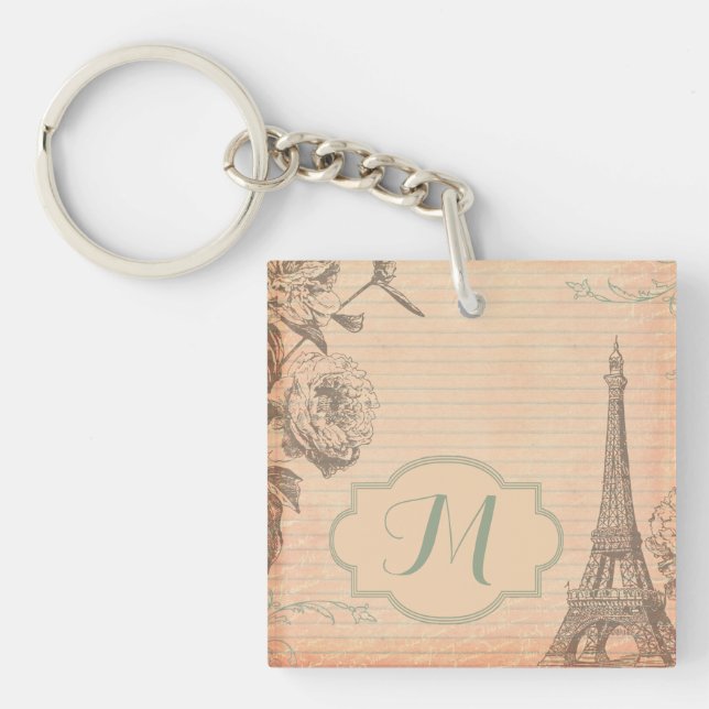 Paris France Eiffel Tower Shabb Monogram Key Chain Schlüsselanhänger (Vorderseite)