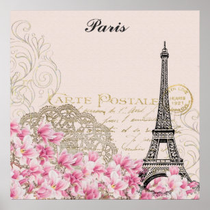 Paris France Eiffel Tower Vintag Pink Blume Pos Poster