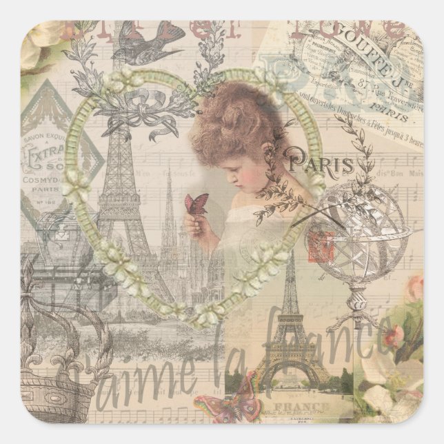 Paris France Hübsch Girl Eiffel Quadratischer Aufkleber (Vorderseite)