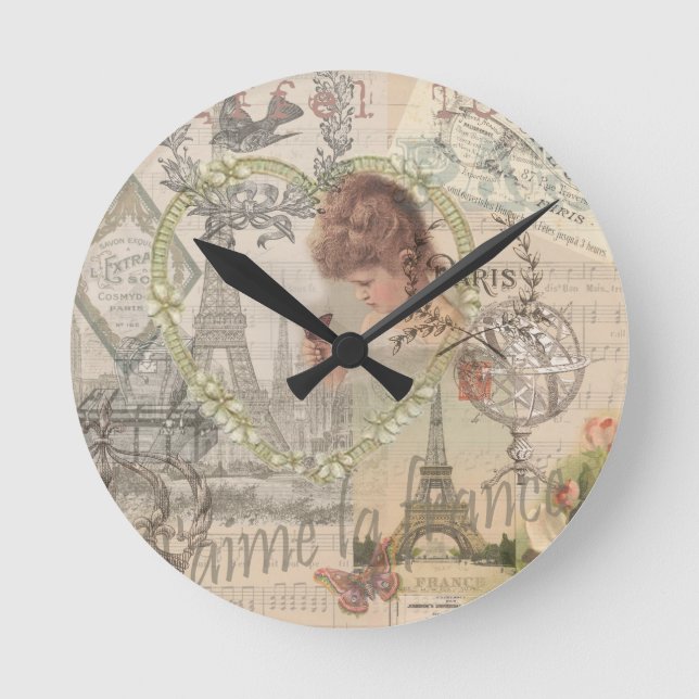 Paris France Hübsch Girl Eiffel Runde Wanduhr (Vorderseite)