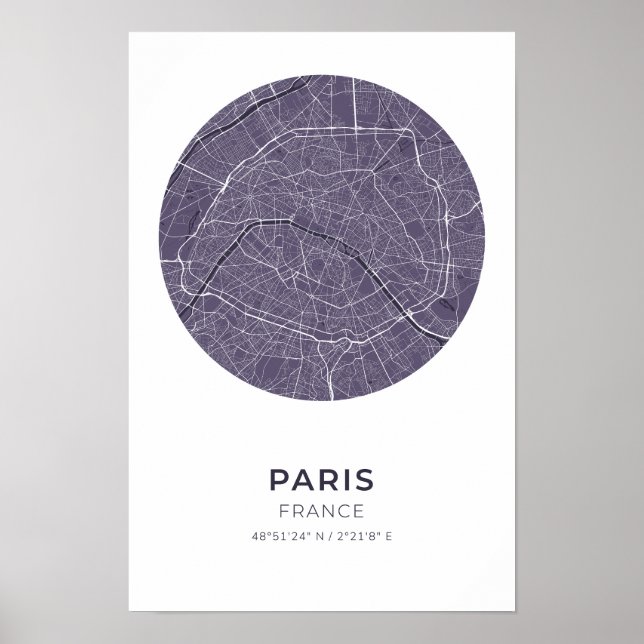 Paris France Lila Circle Map Poster (Vorne)