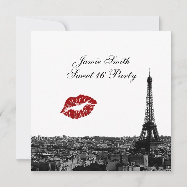 Paris France Skyline Kiss #1 BW Sweet 16 Einladung (Vorderseite)