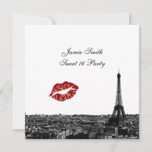 Paris France Skyline Kiss #1 BW Sweet 16 V Einladung