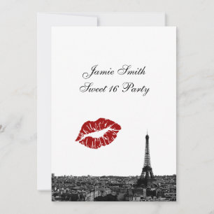 Paris France Skyline Kiss #1 BW Sweet 16 V Einladung