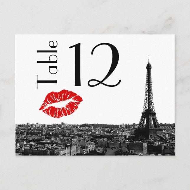 Paris France Skyline Kiss #1 BW Tischnummer Card (Vorderseite)