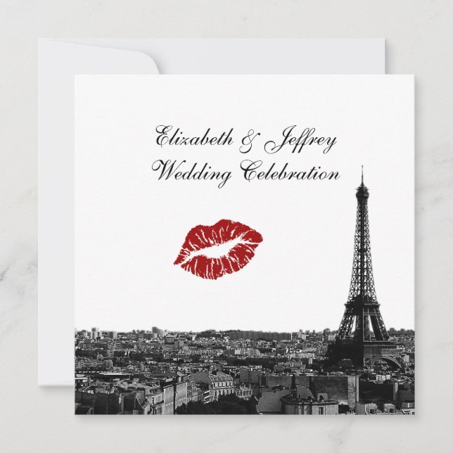 Paris France Skyline Kiss #1 BW Wedding Einladung (Vorderseite)