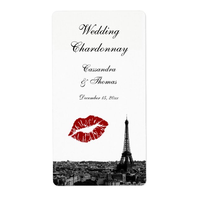 Paris France Skyline Kiss #1 BW Wine Étiquette (Devant)