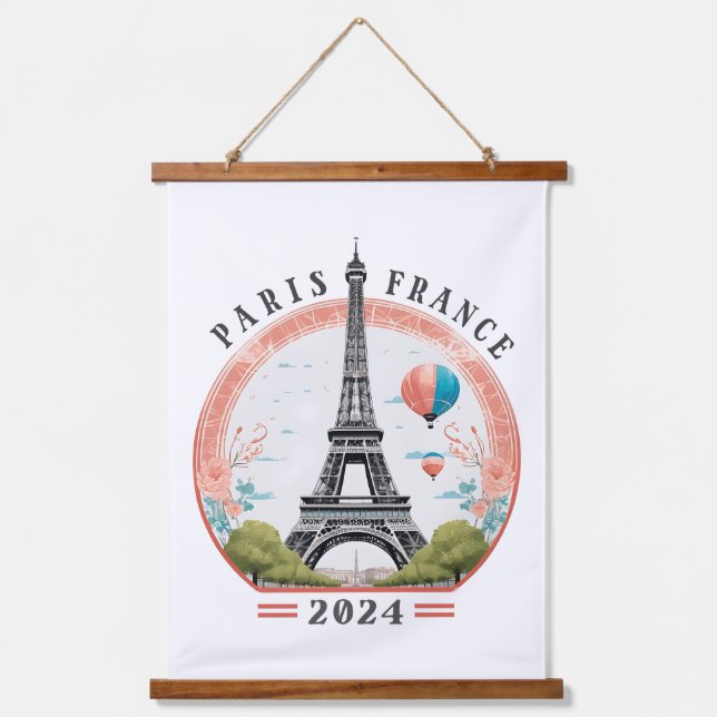 Paris Frankreich 2024 Hängebänder, Eiffelturm Wandteppich Mit Holzrahmen (Vorderseite)