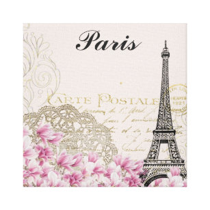 Paris Frankreich Eiffelturm Vintag Rosa Blume Leinwanddruck
