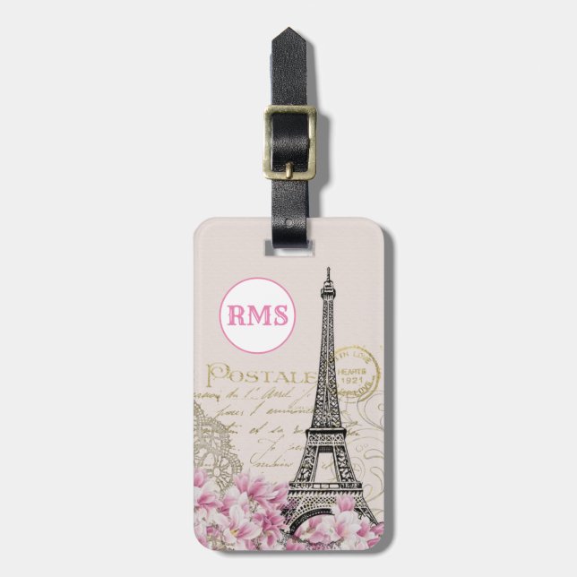 Paris Frankreich Eiffelturm Vintag rosa Monogram Gepäckanhänger (Vorderseite vertikal)