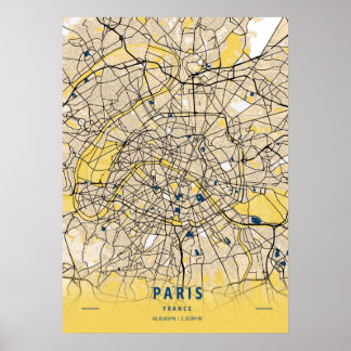 Paris - Frankreich Gelbe Stadtkarte Poster