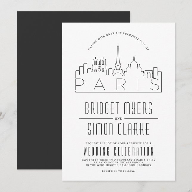 Paris, Frankreich Hochzeit | Stilisierte Skyline-E Einladung (Vorne/Hinten)