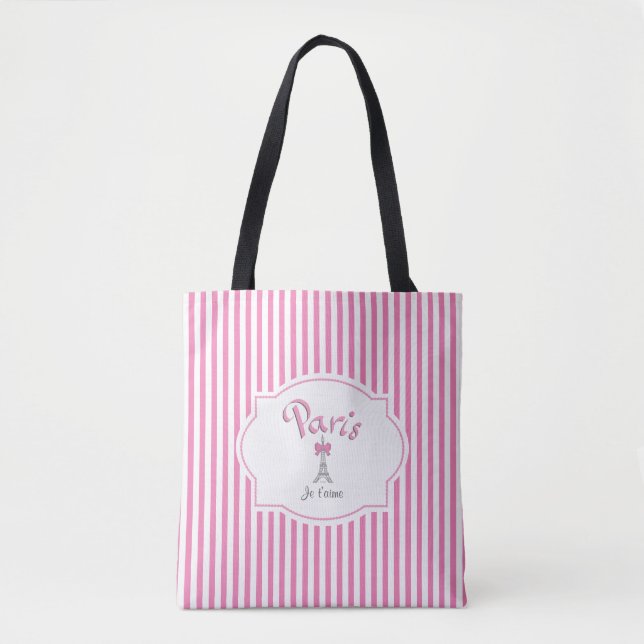 Paris, Frankreich, Je t'aime, rosa Streifen Tasche (Vorderseite)