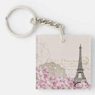 Paris Frankreich Reisedesign mit Eiffel Pink Roses Schlüsselanhänger
